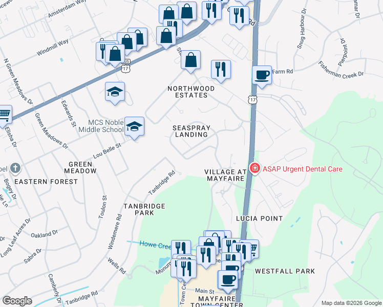 map of restaurants, bars, coffee shops, grocery stores, and more near 410 Painted Spindle Court in Wilmington