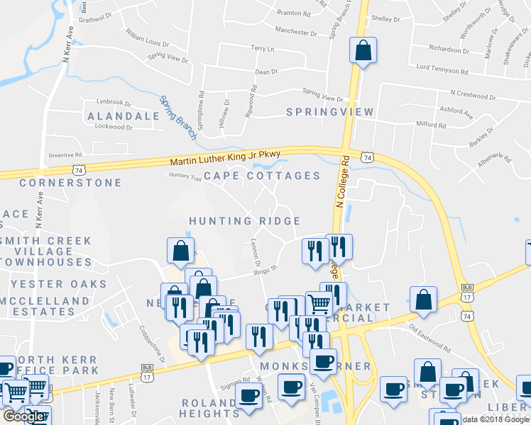 map of restaurants, bars, coffee shops, grocery stores, and more near 715 Clearwater Court in Wilmington