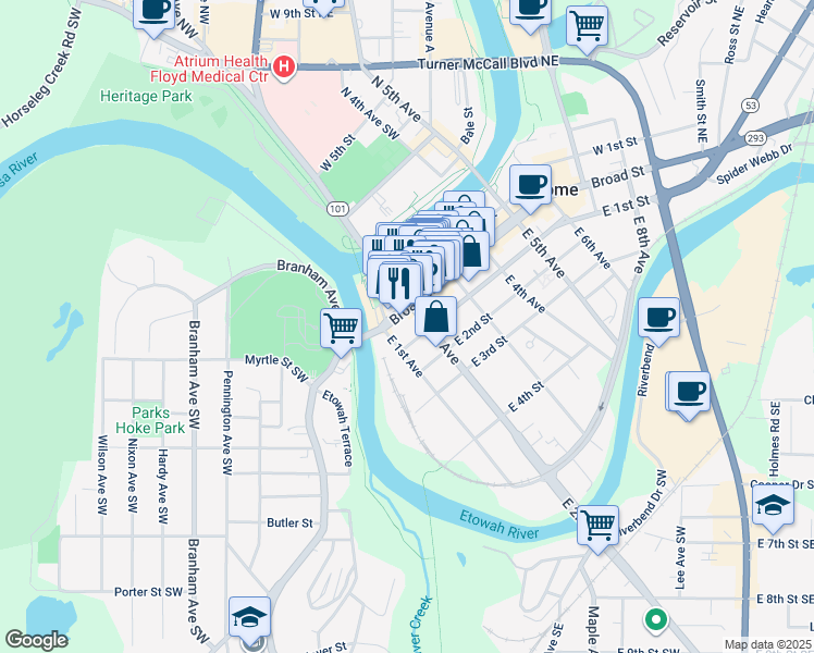 map of restaurants, bars, coffee shops, grocery stores, and more near 130 Broad Street in Rome
