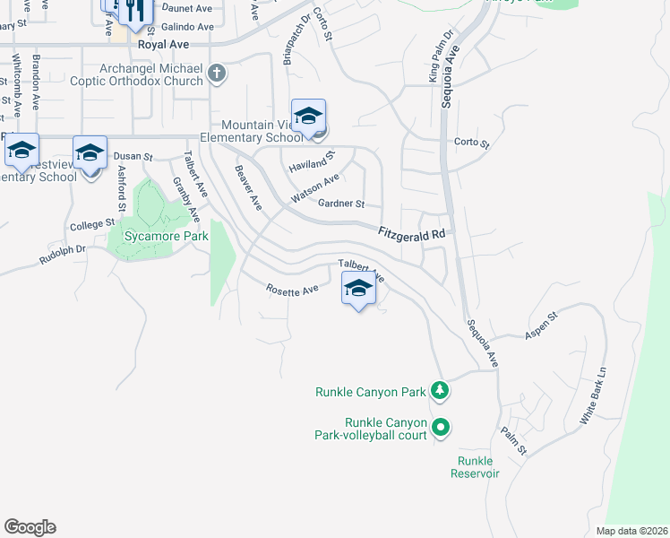 map of restaurants, bars, coffee shops, grocery stores, and more near 593 Talbert Avenue in Simi Valley