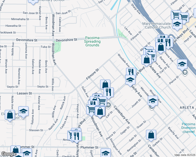 map of restaurants, bars, coffee shops, grocery stores, and more near 14420 Judd Street in Los Angeles