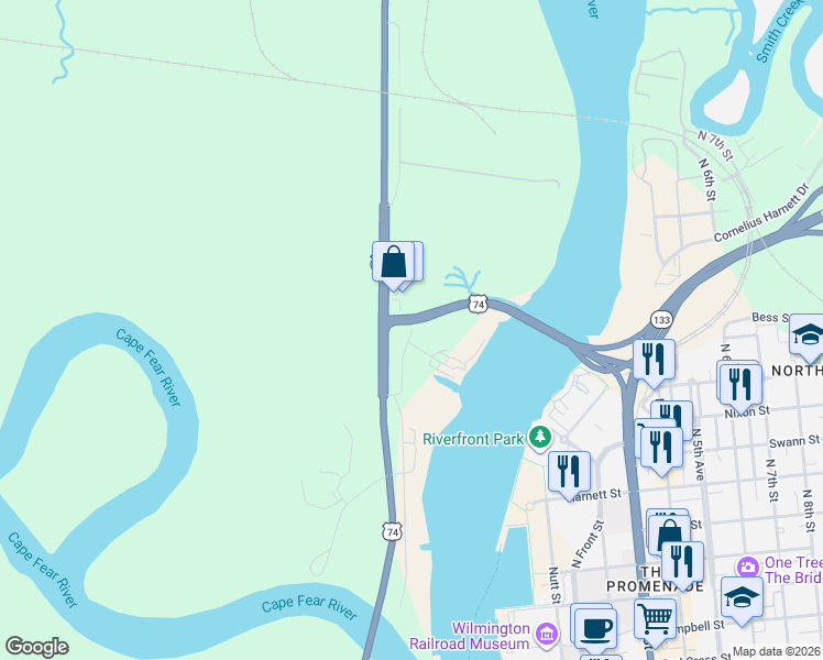 map of restaurants, bars, coffee shops, grocery stores, and more near 2293 Point Harbor Road in Wilmington