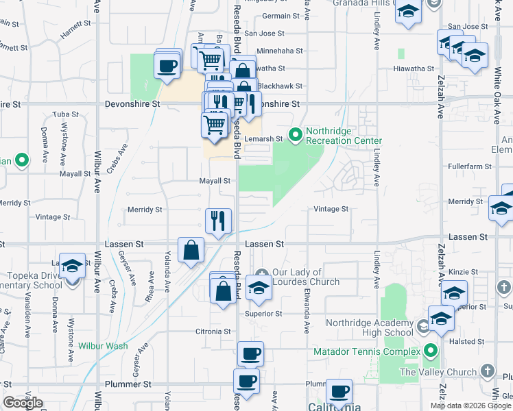 map of restaurants, bars, coffee shops, grocery stores, and more near 10022 Reseda Boulevard in Los Angeles