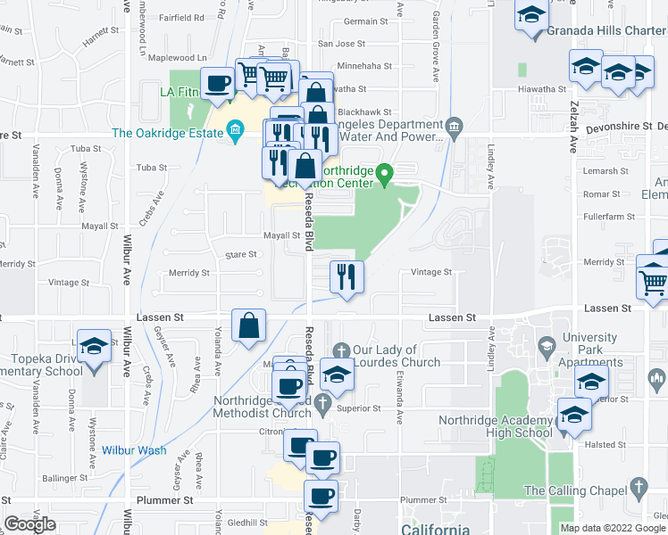 map of restaurants, bars, coffee shops, grocery stores, and more near 10010 Reseda Boulevard in Los Angeles