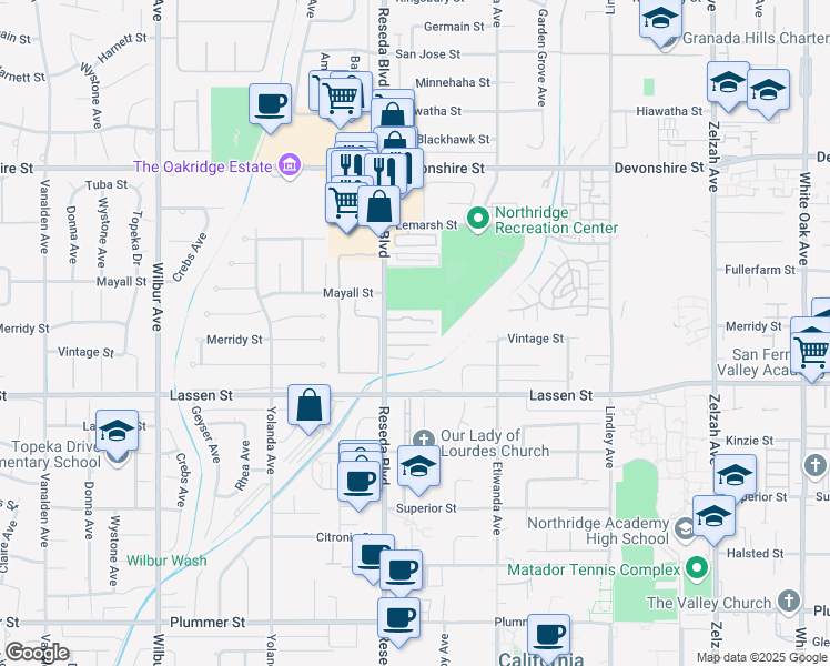 map of restaurants, bars, coffee shops, grocery stores, and more near 10012 Reseda Boulevard in Los Angeles