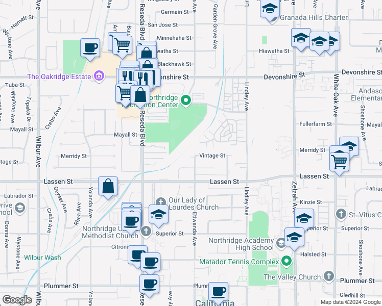 map of restaurants, bars, coffee shops, grocery stores, and more near 9957 Etiwanda Avenue in Los Angeles