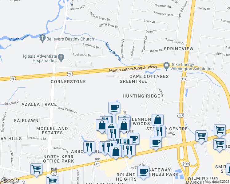 map of restaurants, bars, coffee shops, grocery stores, and more near 5008 Hunters Trail in Wilmington