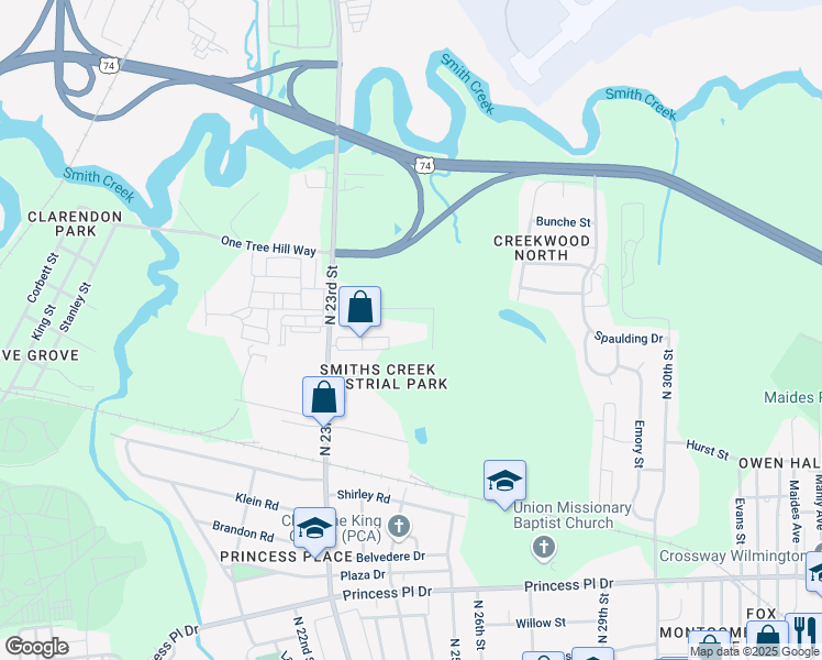 map of restaurants, bars, coffee shops, grocery stores, and more near 2320 Scientific Park Drive in Wilmington