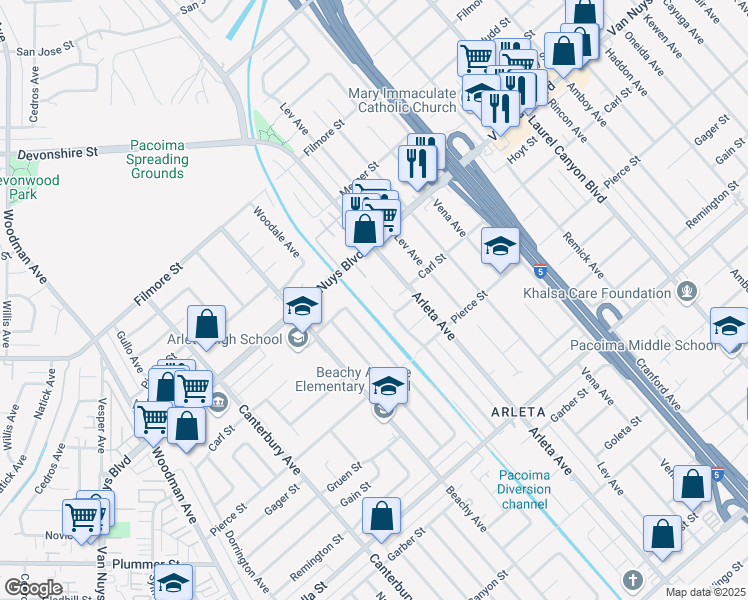 map of restaurants, bars, coffee shops, grocery stores, and more near 9981 Stanwin Avenue in Los Angeles