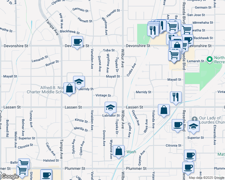 map of restaurants, bars, coffee shops, grocery stores, and more near 10020 Wystone Avenue in Los Angeles