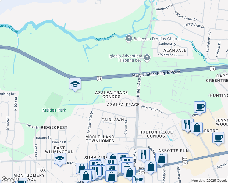 map of restaurants, bars, coffee shops, grocery stores, and more near 736 Indica Court in Wilmington