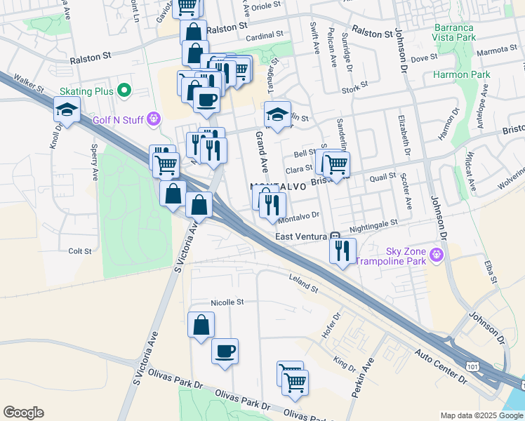 map of restaurants, bars, coffee shops, grocery stores, and more near 2376 Alameda Avenue in Ventura