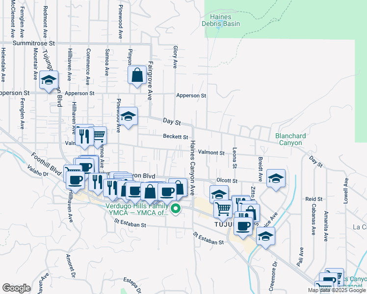 map of restaurants, bars, coffee shops, grocery stores, and more near 6821 Valmont Street in Los Angeles