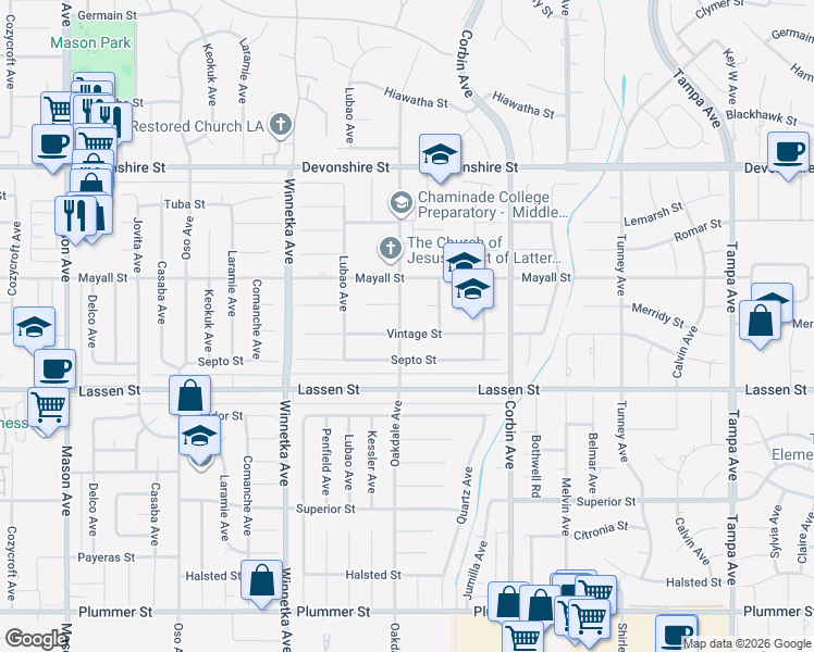 map of restaurants, bars, coffee shops, grocery stores, and more near 19848 Merridy Street in Los Angeles