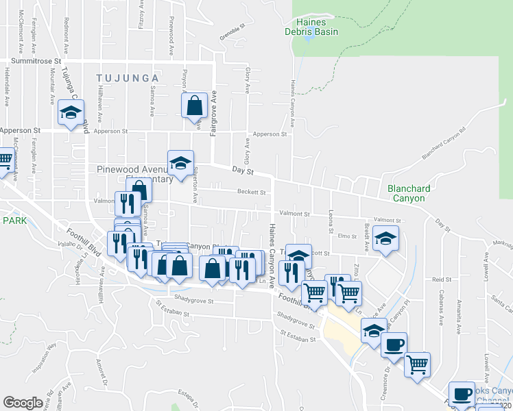 map of restaurants, bars, coffee shops, grocery stores, and more near 6831 Valmont Street in Los Angeles