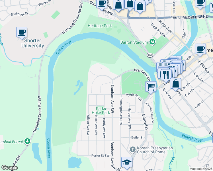 map of restaurants, bars, coffee shops, grocery stores, and more near 1 Virginia Circle Southwest in Rome