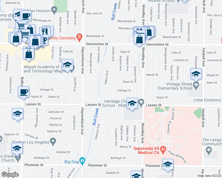 map of restaurants, bars, coffee shops, grocery stores, and more near 9959 Gothic Avenue in Los Angeles