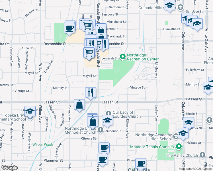 map of restaurants, bars, coffee shops, grocery stores, and more near 10012 Reseda Boulevard in Los Angeles