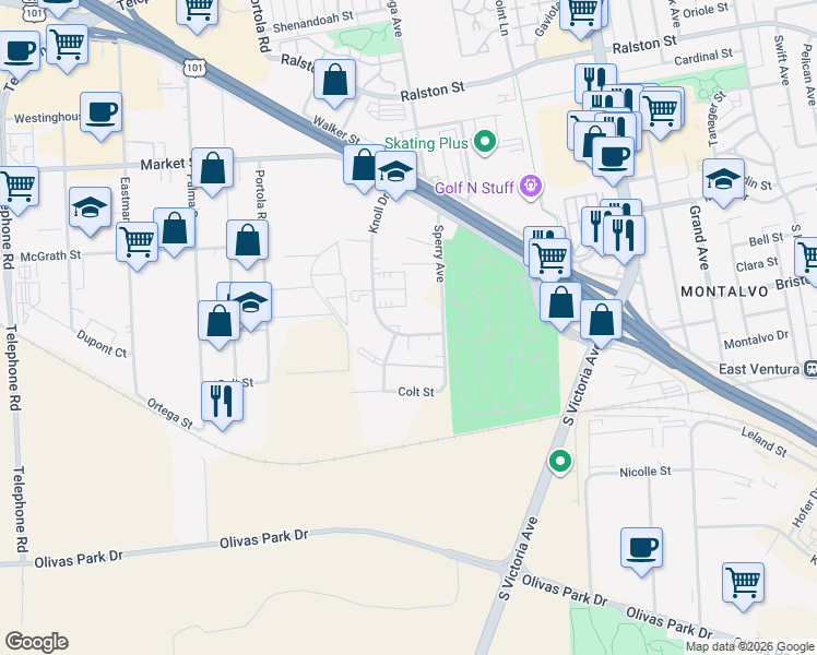 map of restaurants, bars, coffee shops, grocery stores, and more near 2300 Knoll Drive in Ventura