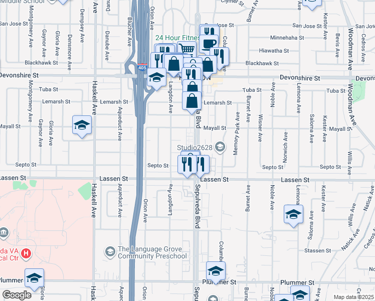 map of restaurants, bars, coffee shops, grocery stores, and more near 10005 Sepulveda Boulevard in Los Angeles