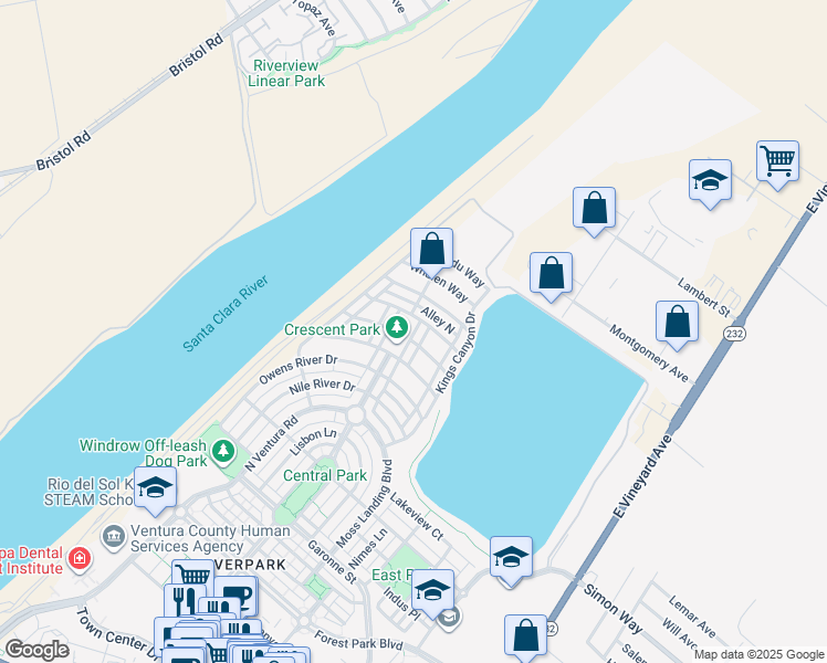 map of restaurants, bars, coffee shops, grocery stores, and more near 3512 North Oxnard Boulevard in Oxnard