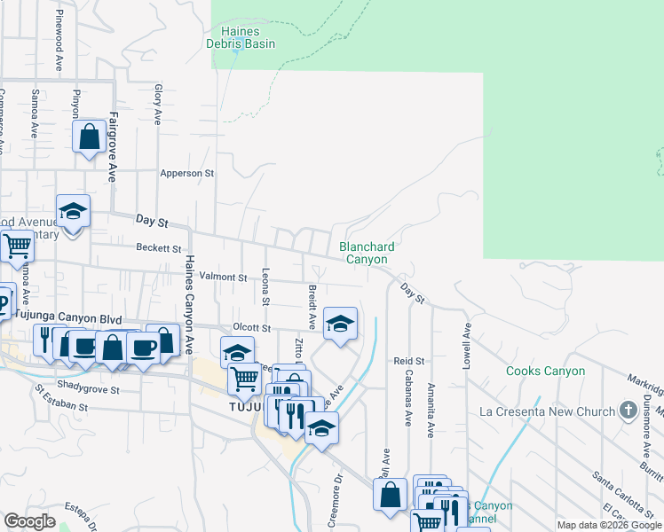 map of restaurants, bars, coffee shops, grocery stores, and more near 6419 Day Street in Los Angeles
