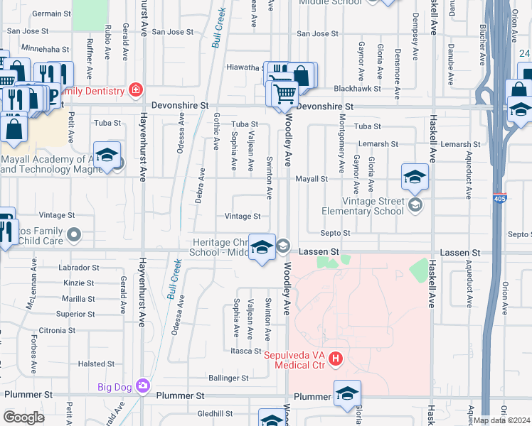 map of restaurants, bars, coffee shops, grocery stores, and more near 10001 Swinton Avenue in Los Angeles