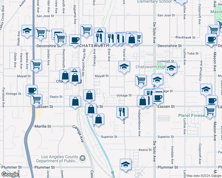 map of restaurants, bars, coffee shops, grocery stores, and more near 21228 Merridy Street in Los Angeles