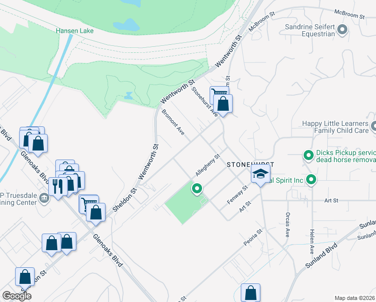 map of restaurants, bars, coffee shops, grocery stores, and more near 11230 Sheldon Street in Los Angeles