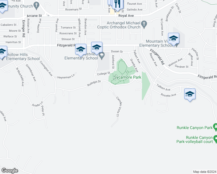 map of restaurants, bars, coffee shops, grocery stores, and more near 769 Camden Vista Court in Simi Valley