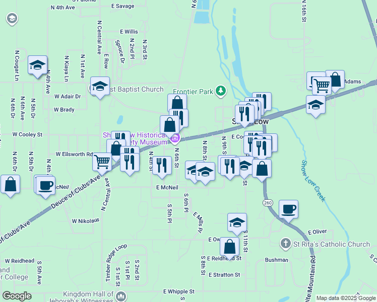 map of restaurants, bars, coffee shops, grocery stores, and more near 641 East Deuce of Clubs in Show Low