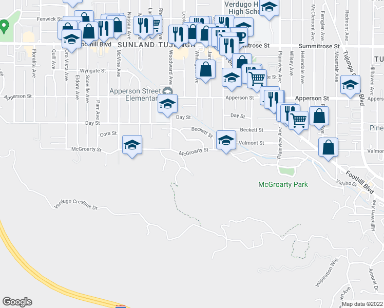 map of restaurants, bars, coffee shops, grocery stores, and more near 7901 McGroarty Street in Los Angeles