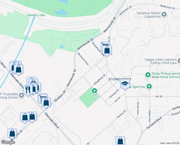 map of restaurants, bars, coffee shops, grocery stores, and more near 11230 Sheldon Street in Los Angeles