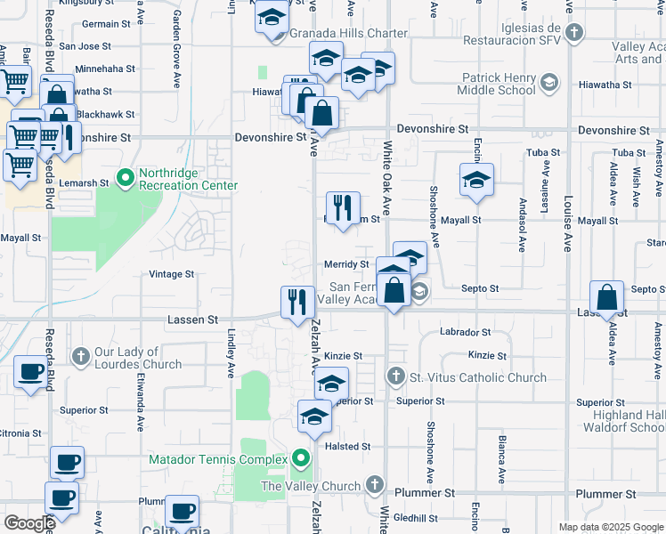 map of restaurants, bars, coffee shops, grocery stores, and more near 17819 Merridy Street in Los Angeles