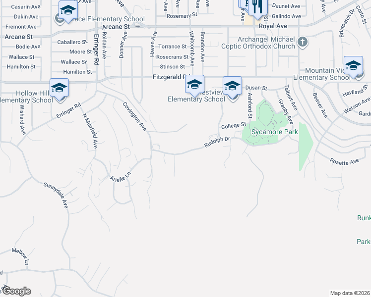 map of restaurants, bars, coffee shops, grocery stores, and more near 2261 Rudolph Drive in Simi Valley