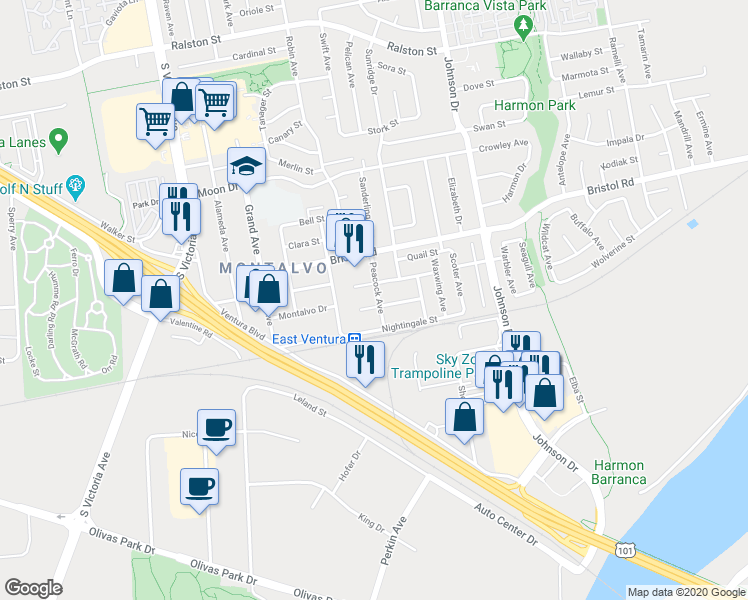 map of restaurants, bars, coffee shops, grocery stores, and more near 6402 Hummingbird Street in Ventura