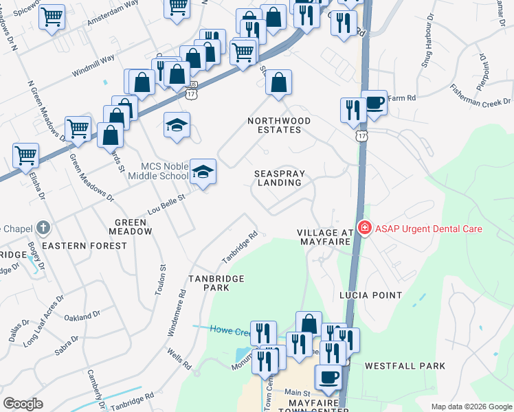 map of restaurants, bars, coffee shops, grocery stores, and more near 811 Royal Bonnet Drive in Wilmington