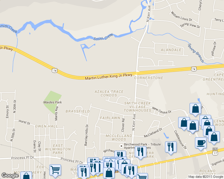 map of restaurants, bars, coffee shops, grocery stores, and more near 104 Indica Court in Wilmington