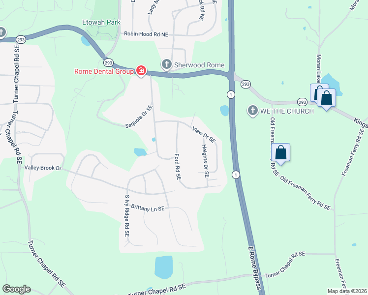 map of restaurants, bars, coffee shops, grocery stores, and more near 5 Ford Road Southeast in Rome