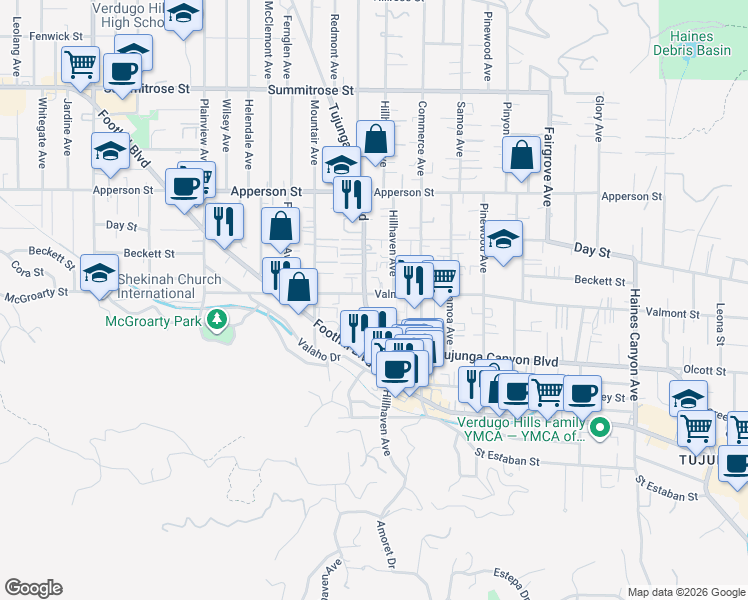 map of restaurants, bars, coffee shops, grocery stores, and more near 10220 Tujunga Canyon Boulevard in Los Angeles
