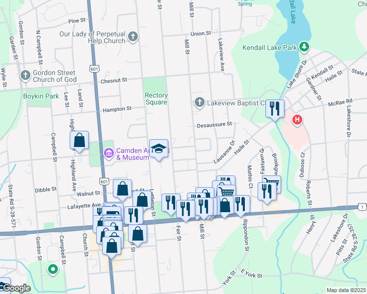 map of restaurants, bars, coffee shops, grocery stores, and more near 206 Laurens Street in Camden