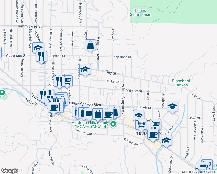 map of restaurants, bars, coffee shops, grocery stores, and more near 6901 Valmont Street in Los Angeles