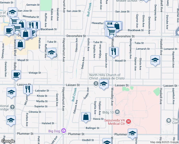 map of restaurants, bars, coffee shops, grocery stores, and more near 16355 Vintage Street in Los Angeles