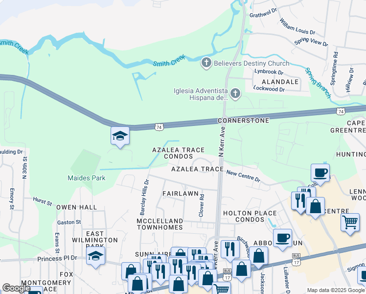 map of restaurants, bars, coffee shops, grocery stores, and more near 730 Indica Court in Wilmington