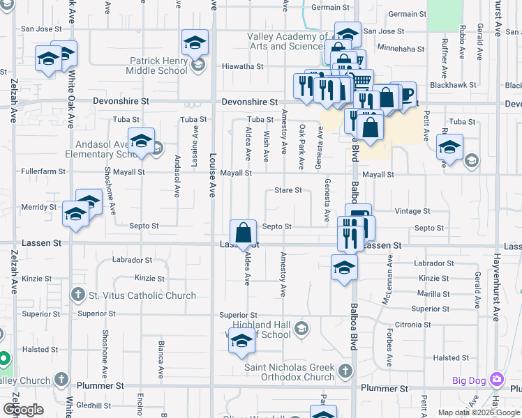 map of restaurants, bars, coffee shops, grocery stores, and more near 10014 Wish Avenue in Los Angeles