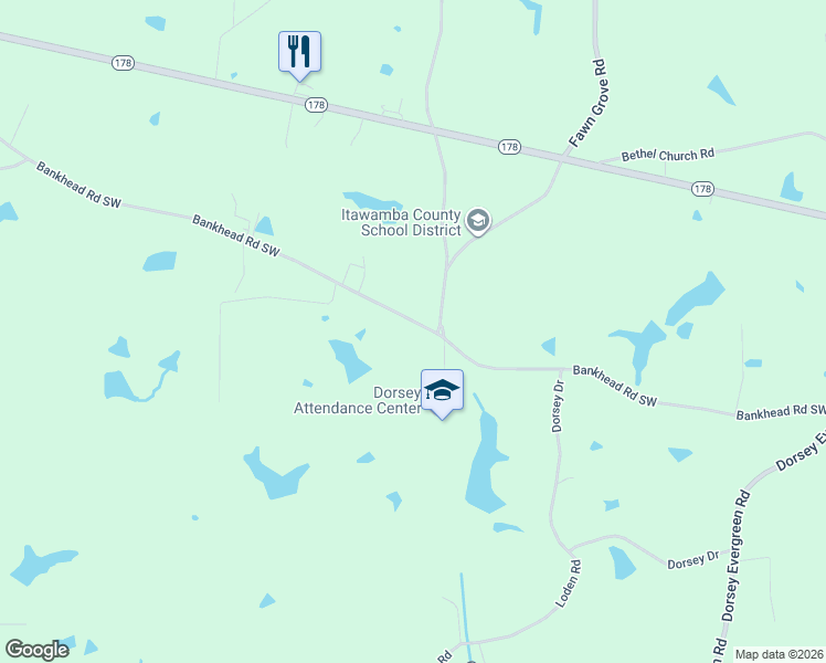 map of restaurants, bars, coffee shops, grocery stores, and more near 1337-1565 Bankhead Road Southwest in Mantachie