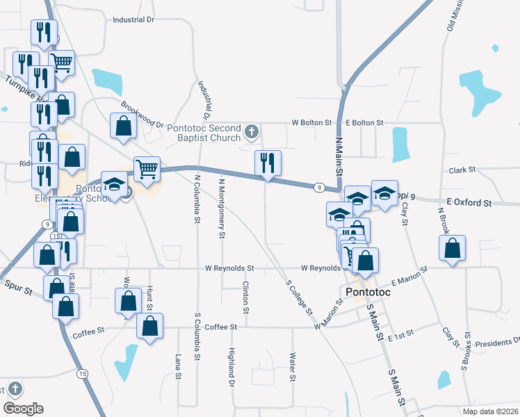 map of restaurants, bars, coffee shops, grocery stores, and more near 145 North College Street in Pontotoc