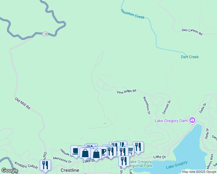 map of restaurants, bars, coffee shops, grocery stores, and more near 130 Cedar Lane Road in Crestline