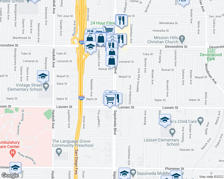 map of restaurants, bars, coffee shops, grocery stores, and more near 10005 Sepulveda Boulevard in Los Angeles