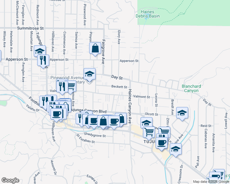 map of restaurants, bars, coffee shops, grocery stores, and more near 6865 Valmont Street in Los Angeles